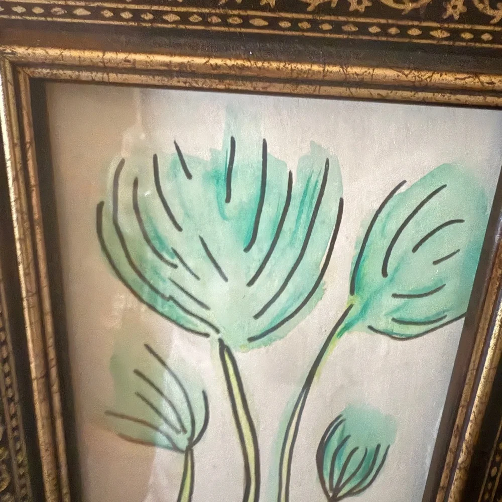 Vintage Gold and Black Picture Frame with original watercolor Floral Art 5x7”